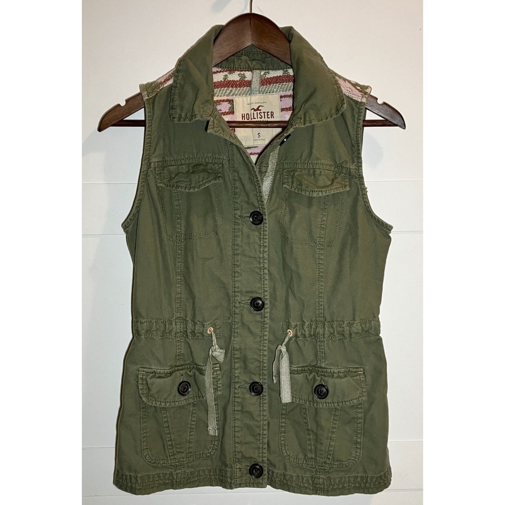Hollister Women's Utility‎ Vest Olive Green Grunge Military Size Small Y2K